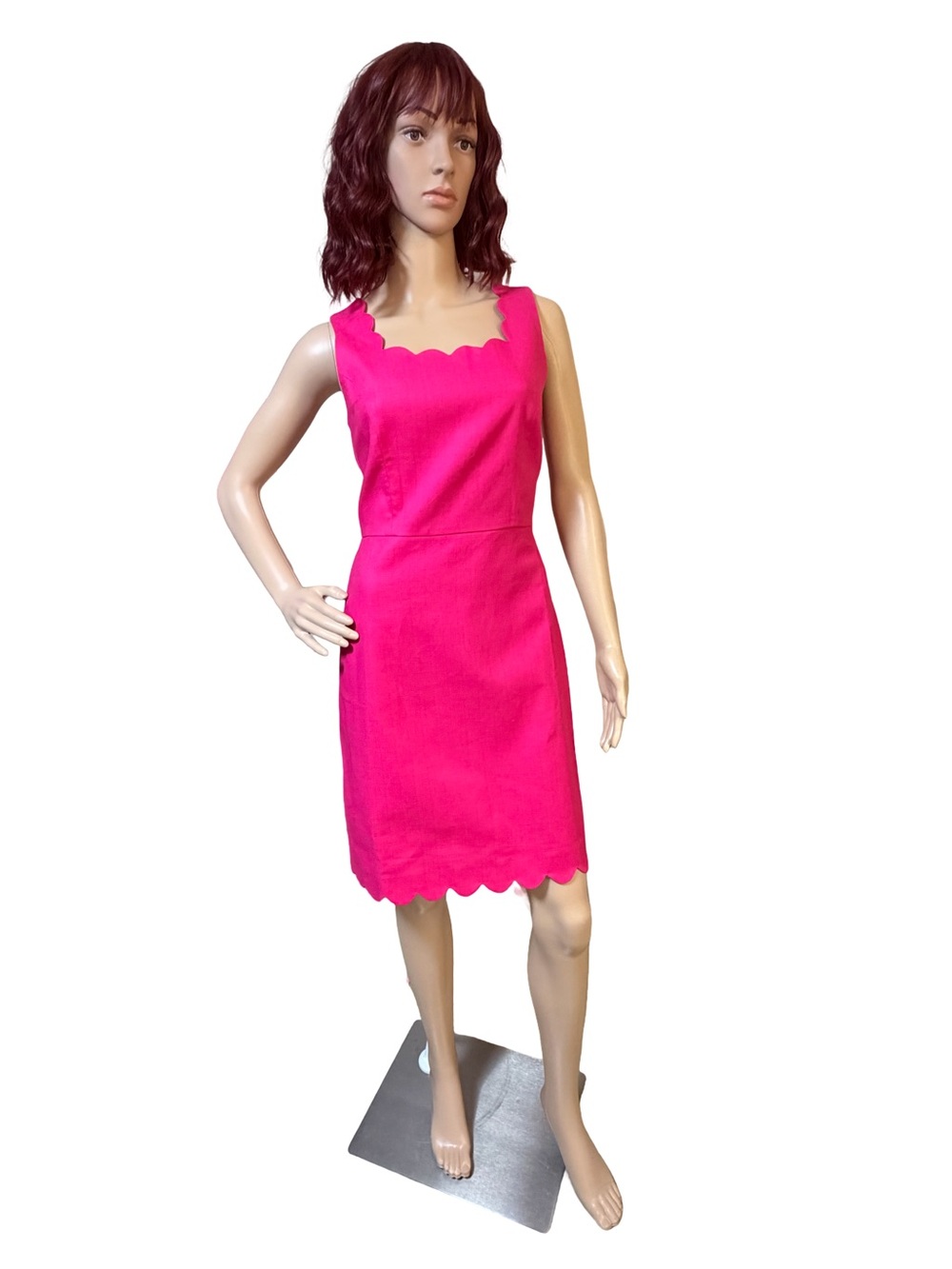 J. Crew EUC Sz 2 Pretty Hot Pink Sleeveless Scalloped Square Neckline Dress 0823